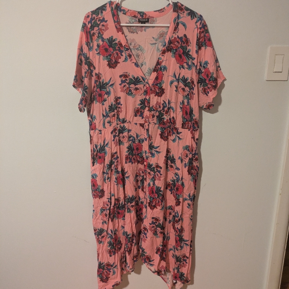 Torrid Pink Floral Challis Button Front Handkerchief Midi Shirt Dress Size 2X